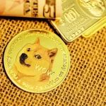 Gold Dogecoin token placed beside dollar notes and a gold bar